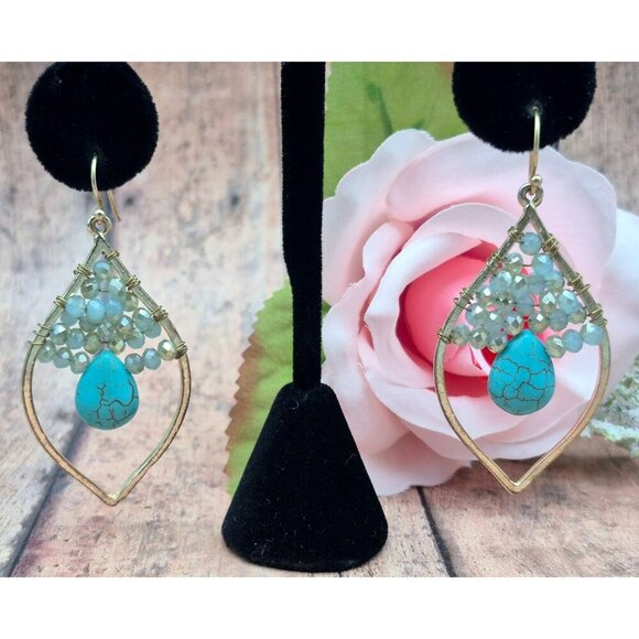 Gold Tone & Faux Turquoise Teardrop Earrings Hook Clasps Faceted Beads Statement - Picture 1 of 7